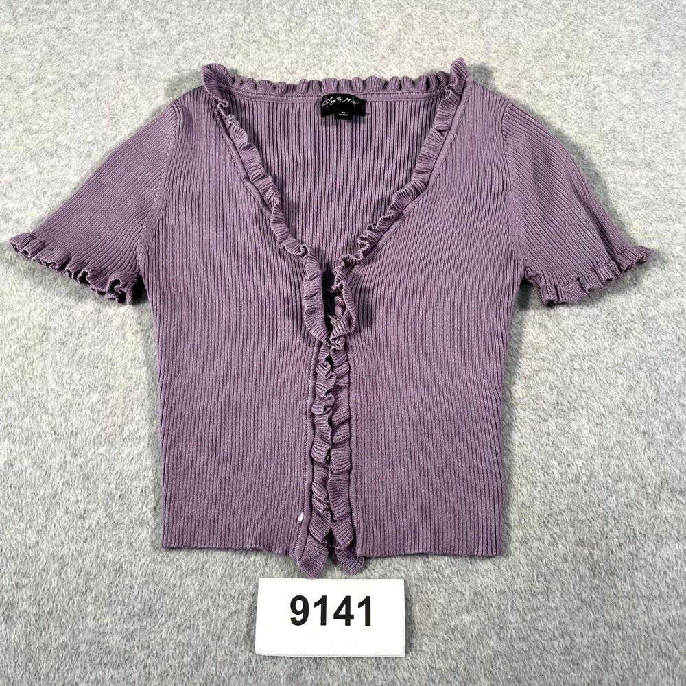 Say What Cardigan Sweater Womens Medium Purple Ruffled Detail Ribbed Rayon